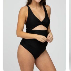 Black Ruched Sides Front Cutout Maternity One Piece Swimsuit